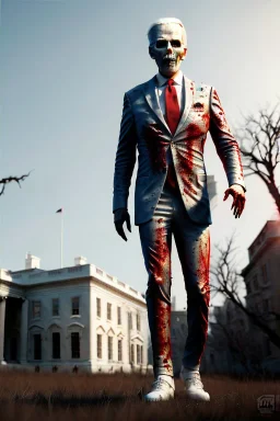 Ultra realistic image, joe biden zombie, zombie performance, suit, skull, blood, torn arm, night, walking twisted, waist up view, thriller style, dark ambient, highly detailed, White House background, concept art, unreal engine 5, god rays, ray tracing, RTX, focal lighting, ultra detail, volumetric lighting, 3d, finely drawn, high definition, high resolution.