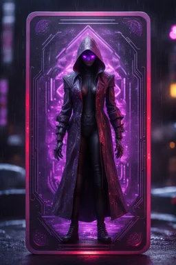 paradise sacred geometry framed playing card, black, red, spore and purple neon cyber punk dancer thief in soaked rain coat shadows boss card in the style of Giger and fallout 4 ,,bokeh like f/0.8, tilt-shift lens 8k, high detail, smooth render, down-light, unreal engine