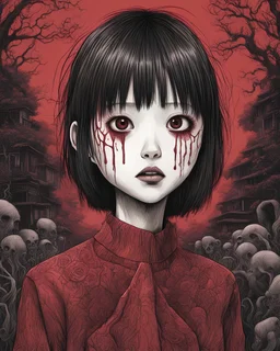 illustration in two gradually, Junji Ito style, darkred tones,high detailed, 4k resolution, digital paiting, cute, art,