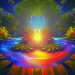 Sunset in a dense lush tropical jungle with lawn chairs, blue red and yellow. Warp. Fisheye. Bokeh. Psychedelic. Wavy.