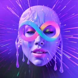 colourful infinity symbol ∞ on womans face that is melting, striking, vibrant, chiaroscuro, dramatic, captivating, powerful, beautiful, octane render, 16k post-production, artstation: award-winning: atmospheric: commanding: fantastical: clarity: ultra quality: striking: brilliance: stunning colors: amazing depth; lens: f/11, 35mm