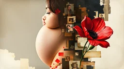 Abstract art, collage, mixed media, double exposure, portrait of pregnant woman, red flower, collage