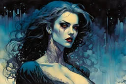 create a fine art print illustration of a seductive, Semnoni female vampire seeress, clothed in an ornate but ragged bliaud with highly detailed feminine facial features, bathed in a dread, pale light , shrouded in a fetid mist at midnight , in the comic book art style of Bill Sienkiewicz, and Jean Giraud Moebius, finely textured, drawn, colored, and inked