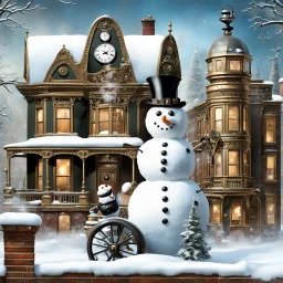 Surreal steampunk snowman, towering over a winter wonderland adorned with intricate steampunk enhancements, juxtaposed with traditional Victorian snow-capped townhouses, smoke floating out of tall chimneys, wrought iron benches encrusted with frost, brass gear clock perched on a corner building, snowman wearing a distressed leather top hat, brass googles resting, tin can pipe snugly fit in the corner of its carrot mouth, steampunk mechanical arm holding an ornate umbrella