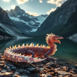 Award-winningUltra-realistic fantasy wildlife photography of a majestic crystal dragon resting beside a pristine alpine lake, breathtaking gemstone scales reflecting dramatic sunrise light, extraordinary realism, captured as if photographed in the wild by a National Geographic photographer, cinematic atmosphere, ultra detailed, masterpiece,, 64k