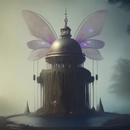 a fairy fountain, scary, steam punk, realistic, made in octane, cinematic, ultra-realistic, extremely detailed octane rendering, 8K, VRAY Super Real ar 2:3, dof photorealistic futuristic 50mm lens hard lighting dark gray tintype photograph, realistic lighting, sepia color