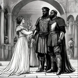 image: The Tragedy of Othello, the Moor of Venice, is a tragedy written by William Shakespeare. Set in Venice and Cyprus, the play depicts the Moorish military commander Othello as he is manipulated by his ensign, Iago, into suspecting his wife Desdemona of infidelity Record of Lodoss War style, Linework: Expressive, expressive black ink line art with variable stroke weights. Crisp contours define silhouettes while fine hatching adds subtle depth and form.