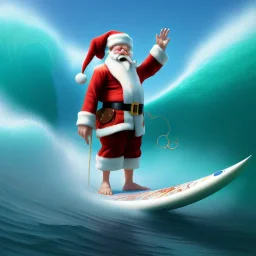 Santa standing of surfboard surfing a big wave, surfboard, beach, character design by cory loftis, fenghua zhong, ryohei hase, ismail inceoglu and ruan jia. unreal engine 5, artistic lighting, highly detailed, photorealistic, fantasy