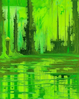 A lime green poisonous swamp in a nuclear city designed in Navajo woven art painted by Claude Monet