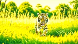 ((cheerful tiger, running, grassy field), sunny, bright, (golden hour lighting), soft focus, vibrant colors), polaroid, photograph, professional photograph, (high resolution, cinematic composition, telephoto lens)