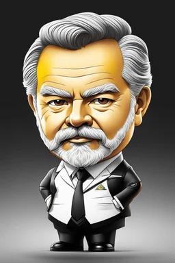 Caricatura chibi de Luis Ignacio Lula da Silva presidente de Brasil, serio, calidad ultra, hiperdetallado, color blanco, negro y amarillo, increíble obra de arte, formas y líneas estilizadas