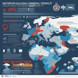 **Content Art:** A distinctive infographic illustrating (International Criminal Police Organization) INTERPOL's global efforts in fighting terrorism and preserving public safety. **Appearance:** Unisex content art that encapsulate the essence of counter-terrorism, global civilian/public/humanitarian rights preservation, conservation, and vigilance. The goal of these pieces would be to shed light on the importance of counter-terrorism efforts and the preservation of global civilian/public/humanit