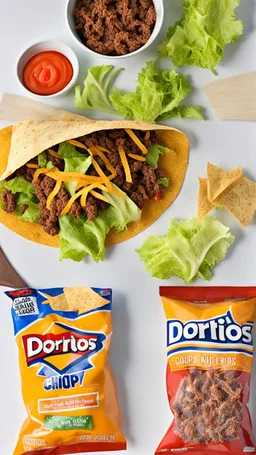 "Taco in a Bag" which consists of an open Doritos chip bag containing Doritos chips and cooked ground beef and lettuce and shredded cheese and tomato pepper and onions and more naco chips, food blogger photography