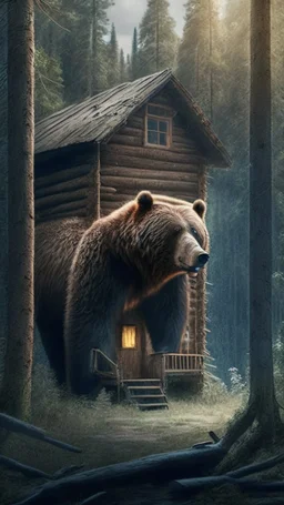 A cabin in the woods, a big brown bear, a movie scene, a more accurate picture hdr