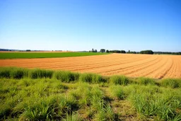 clearing next to an ideal farm field, sunny day, product photo setting, mid-level horizon, taken from 15 feet up