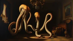 An oil painting in the baroque tradition of tentacles appearing in a darkened room, with dramatic lighting casting shadows that enhance their form, against a backdrop of antique furniture.