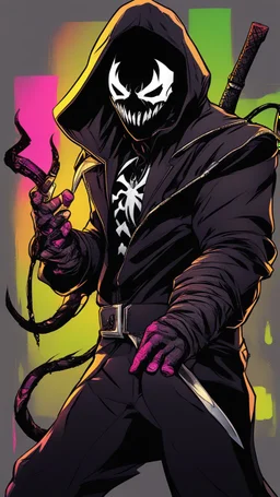 Mix between venom symbiote and assassin creed and Dressed as assassins with a white stick and venom face with his mark, neon colors