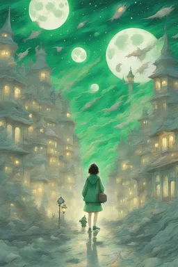 a double exposure art by Hayao Miyazaki impasto splatter oil, emerald viper swimming through the stars, transparent, close up detailed cute well-dressed various - colored fluffy monsters moon, stars, fantasy cute city street, cute scary, art on a cracked paper, tiny details, mystical, intricated pose,