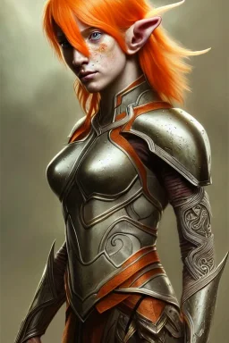 portrait painting of an elven young woman with short light orange hair and freckles and tree tattoos on his cheekbones light armor, full body, ultra realistic, concept art, intricate details, eerie, highly detailed, photorealistic, octane render, 8 k, unreal engine. art by artgerm and greg rutkowski and charlie bowater and magali villeneuve and alphonse mucha