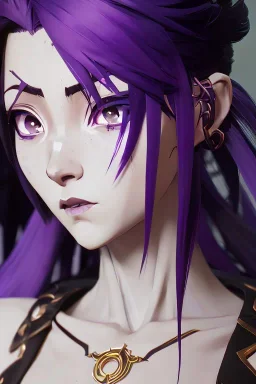 Detailed cute anime Kunoichi girl, purple hair buns, purple bangs, black latex bodysuit, intricate details, full body portrait, keep head in frame, slight smile, black Japanese motif, concept art, highly detailed, digital painting, concept art, sharp focus, illustration, art by Yoji Shinkawa, WLOP and greg rutkowski and alphonse mucha and artgerm and yanjun Chen and Junji ito and Makoto Shinkai, HDR, octane render