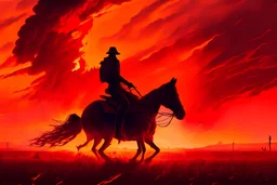 شخص يركب حصان في ساحة ملئة بنيران و السماء حمراء