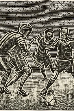 Woodcut, clean, soccer match