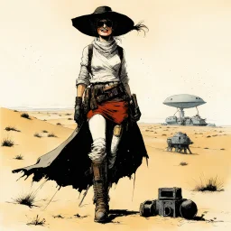 [art by Ralph Steadman] she smiles, ready to fight, in dust, rust and blood, her body is covered with cartridge belts, her boots are made for walking on the dunes of Tatooine
