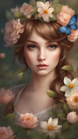 a girl with brown hair and flowers on her head, portrait of fairy princess, fairy look, big eyes, beautiful digital painting, beautiful fantasy maiden, digital painting, beautiful fantasy painting, faerie, very beautiful fantasy art, beautiful fantasy art, fairy aesthetics, beautiful fairie, beautiful fantasy art portrait, beautiful girl fairy, young girl, beautiful fairy, beautiful fantasy portrait, anime fantasy artwork