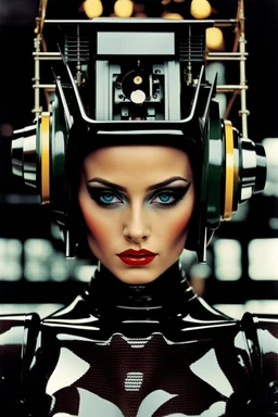 female humanoid robot, beautiful like a supermodel from the sixties, beautiful eyes, sexy, most beautiful, helmut newton, evil woman, hypnotic eyes, polaroid colors, electric sexuality