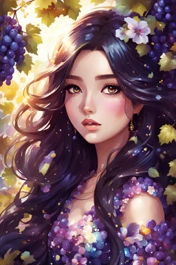 Beautiful anime girl with shiny long dark hair in a glittery floral dress, big lovely hazel eyes, surrounded by grapes, digital painting, vibrant colors