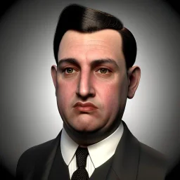 A half body portrait of a 1930s Italian-American businessman in his late 20s with a black bowler hat and a suit. He is obese and has black hair