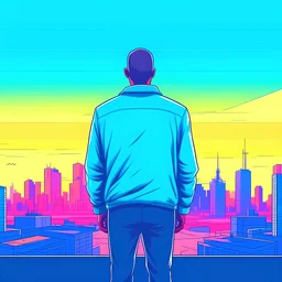 gta style illustration of a person from behind and a city in the background with normal colors