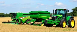 Parked at the edge of a field is a Claas brand Combine(left) Vaderstad Seeder(middle) and a John Deere Tractor(right) simplified