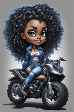 create an airbrush illustration of a chibi cartoon voluptuous black female wearing a blue jean outfit with biker boots. Prominent make up with hazel eyes. Extremely highly detail of black and blonde tight curly hair. She is sitting on a Black and silver ATV. Background of a bike show.