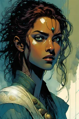 create the young female Ivrian from Ill met in lankhmar in the comic book art style of Mike Mignola, Bill Sienkiewicz and Jean Giraud Moebius, , highly detailed facial features, grainy, gritty textures, foreboding, dramatic ethereal lighting