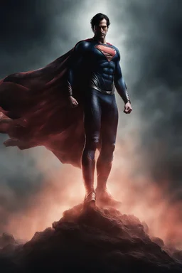 A hyper-realistic Half body shot of Superman standing tall and proud ((with his fists on his hips)), extreme action poses, on the deadly battlefield fighting Darkseid, ultra details, extremely sharp focus, the background of the image a dark and tenebrous illumination with a reddish fog, ultra-high definition, 16k resolution, masterpiece, Outer Space, Stars, planets, cosmic clouds, multicolored lightning, galaxies, extremely colorful