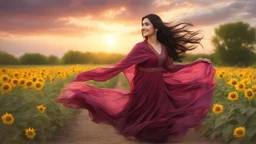 Hyper Realistic Photographic-view of a Beautiful-Young-Happy-Pashto-Woman-Smiling with beautiful-long-black-hair-&-pink-dress-with-maroon-shawl & breeze-whirling in a sunflower-field with a tree behind & cloudy-sunset showing dramatic & cinematic ambiance