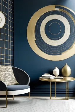 Create handpainted wall mural with concentric circles, creating a sense of harmony and elegance. Use a subdued color palette inspired by Bauhaus, featuring navy blue, gray, and gold