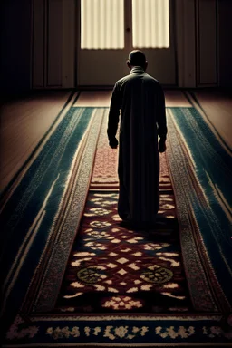 A man standing on a prayer rug