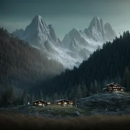 Five people, sense of fear, mountain hut in the background, Alps, night sky, 8k, HD, cinematography, photorealistic, Cinematic, Color Grading, Ultra-Wide Angle, Depth of Field, hyper-detailed, beautifully color-coded, insane details, intricate details, beautifully color graded, Cinematic, Color Grading, Editorial Photography, Depth of Field, DOF, Tilt Blur, White Balance, 32k, Super-Resolution, Megapixel, ProPhoto RGB, VR, Halfrear Lighting, Backlight, Natural Lighting, Incandes