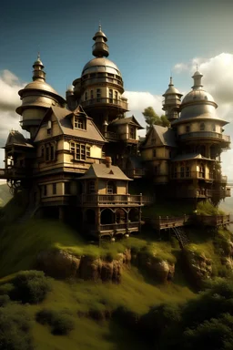 Domki w stylu steampunk stojące na wzgórzu