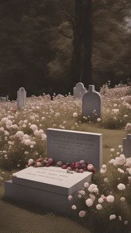 A grave in a field full of flowers. Above the grave is a white lace scarf and a gun.