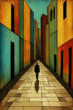 Man walks down empty street minimalist art in the style of Paul Klee with grunge heavy impasto textures