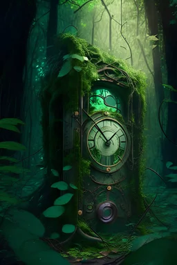 broken time machine in the deep forest covered with vines, realistic
