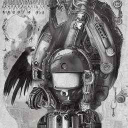 great illustrator, spanish, pencil sketch of a cute girl, beautiful, steampunk syle, black and white. Helmet with tubes. venetian mask. Machinery in the background. robotic bird fkying. High details.