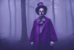 Clown looking figure in the middle of a misty forest with purple sky