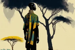 Design, African man, oil painting, featureless, graphic, drawing without facial features, background, sky, trees, traditional clothes