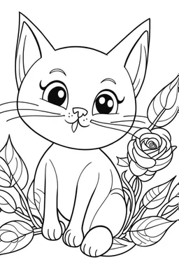 Coloring page for kids with a cute kawaii cat smelling a rose flower, very Bold outlines and white background