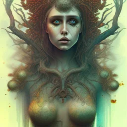 watercolor illustration ,singer Danish MØ, intricate detail , rusty metal, Dryad, sidhe, ominous, portrait,high lighting,