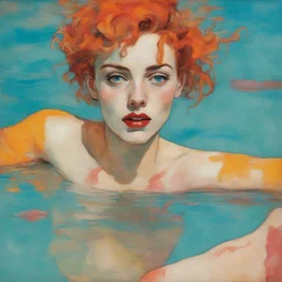 Egon schiele painting of a grunge woman, freckles, marilynmonroe, in the swimming pool, orange, pink, turquoise, yellow colors